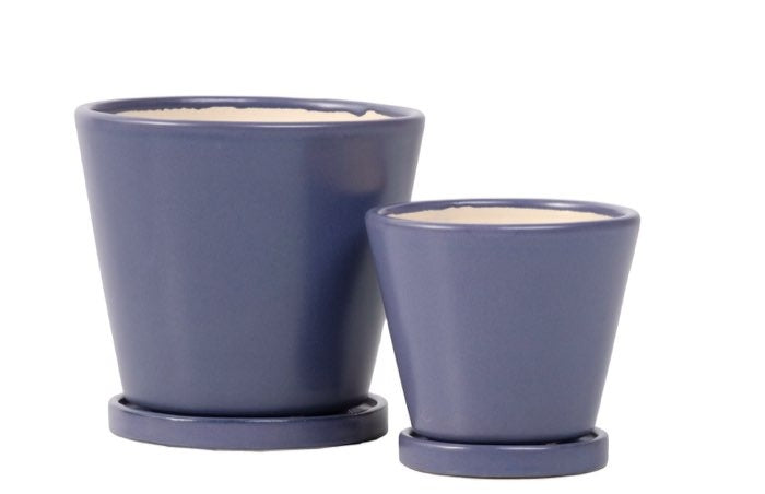 Petits Round Tapered Pot with Attached Saucer - Lake Blue