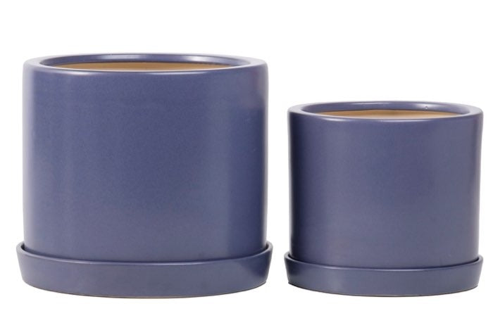 Mezzo Cylinder Planter with Attached Saucer - Lake Blue