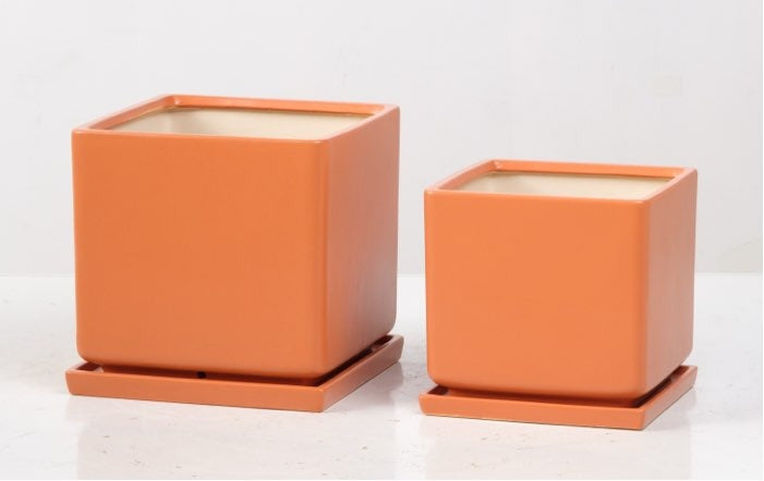 Mezzo Square Planter with Attached Saucer - Papaya