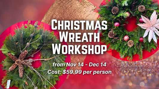 Advertisement for a Christmas wreath workshop with wreaths and text on a red background. Rathdrum idaho CDA 