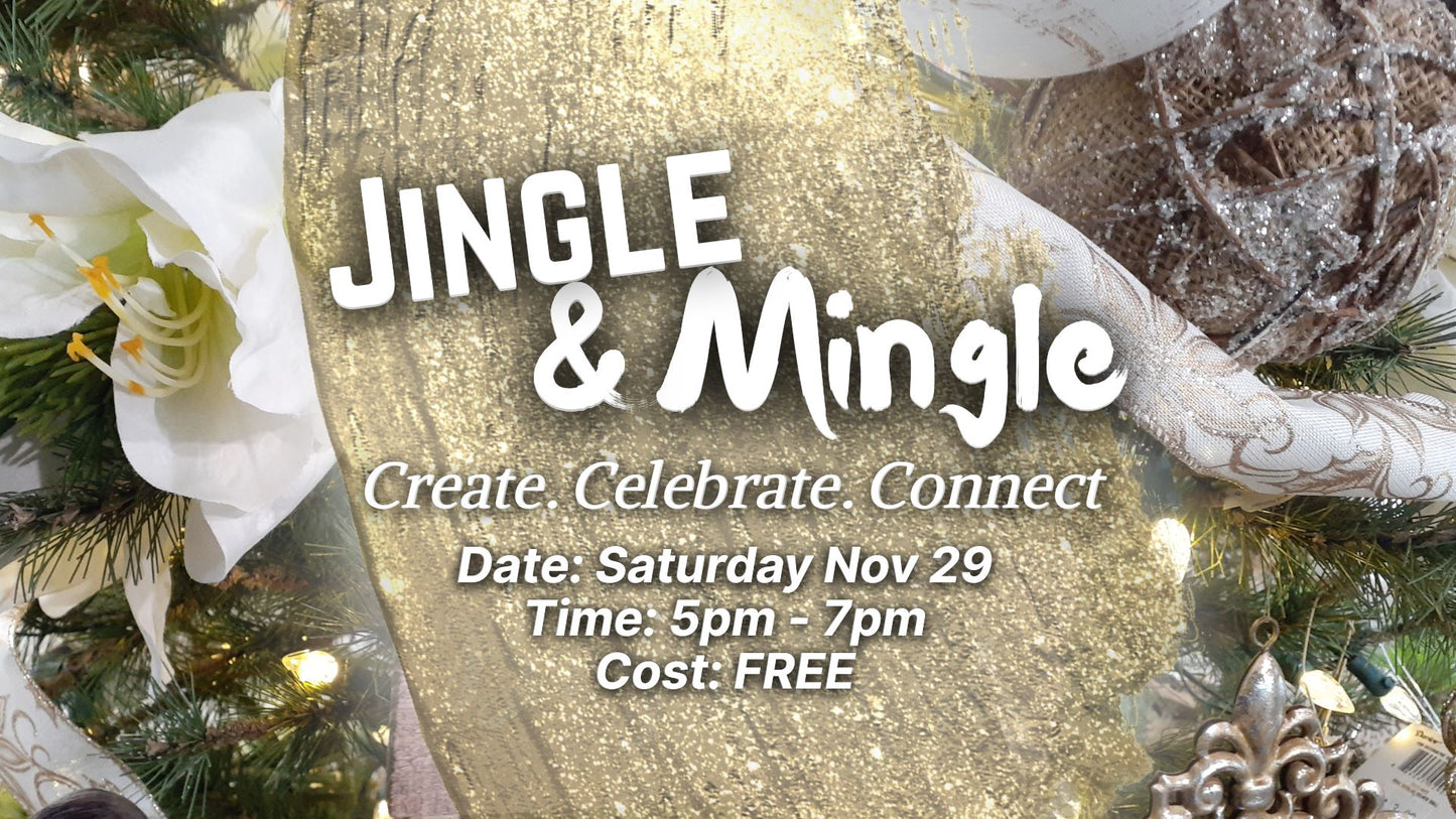 Advertisement for 'Jingle & Mingle' event with decorative elements and text. Free Event in Rathdrum Idaho.