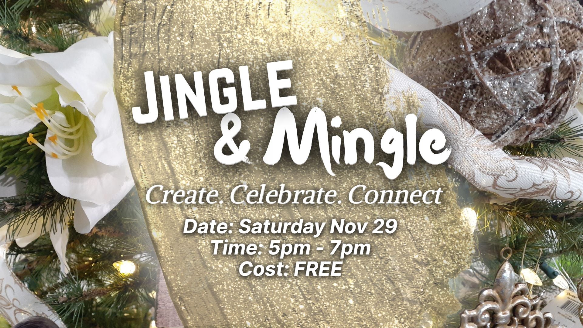 Advertisement for 'Jingle & Mingle' event with decorative elements and text. Free Event in Rathdrum Idaho.
