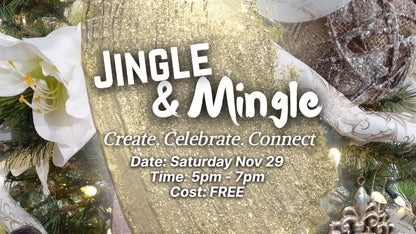 Advertisement for 'Jingle & Mingle' event with decorative elements and text. Free Event in Rathdrum Idaho.